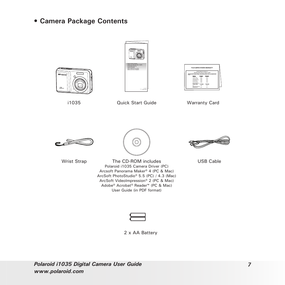 Camera package contents | Polaroid I1035 User Manual | Page 7 / 117