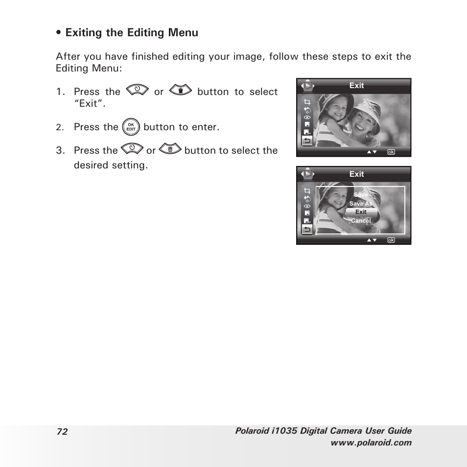 Exiting the editing menu | Polaroid I1035 User Manual | Page 72 / 117