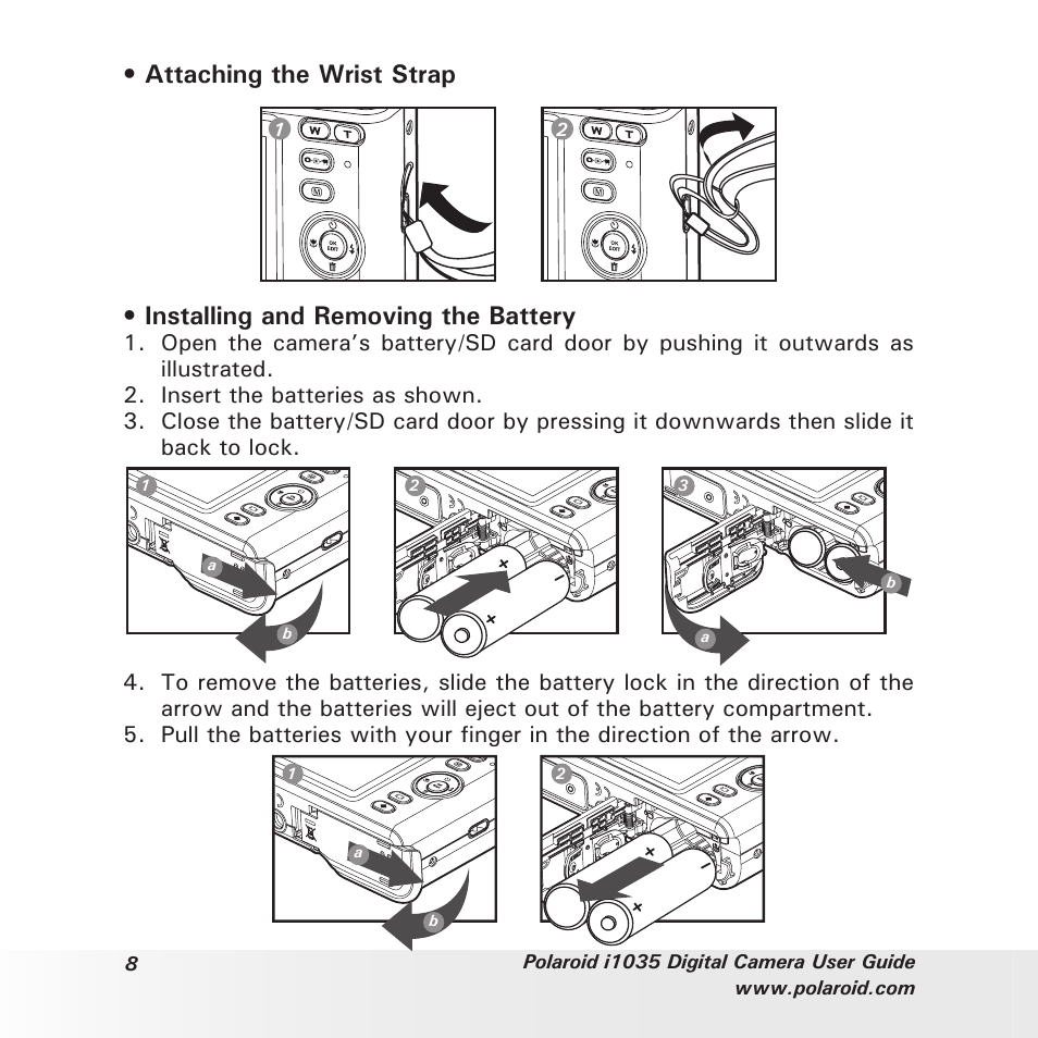 Attaching the wrist strap, Installing and removing the battery | Polaroid I1035 User Manual | Page 8 / 117