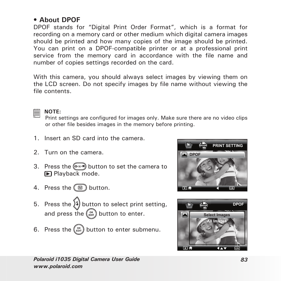 About dpof | Polaroid I1035 User Manual | Page 83 / 117