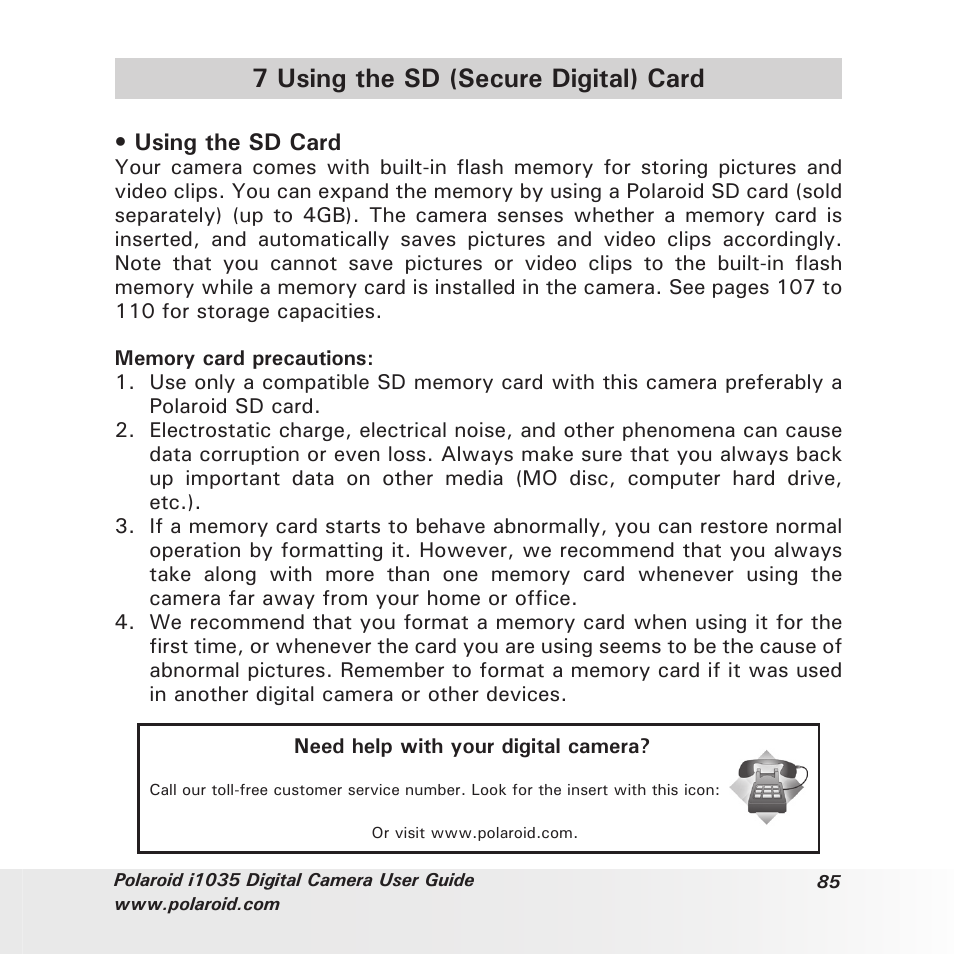 7 using the sd (secure digital) card | Polaroid I1035 User Manual | Page 85 / 117