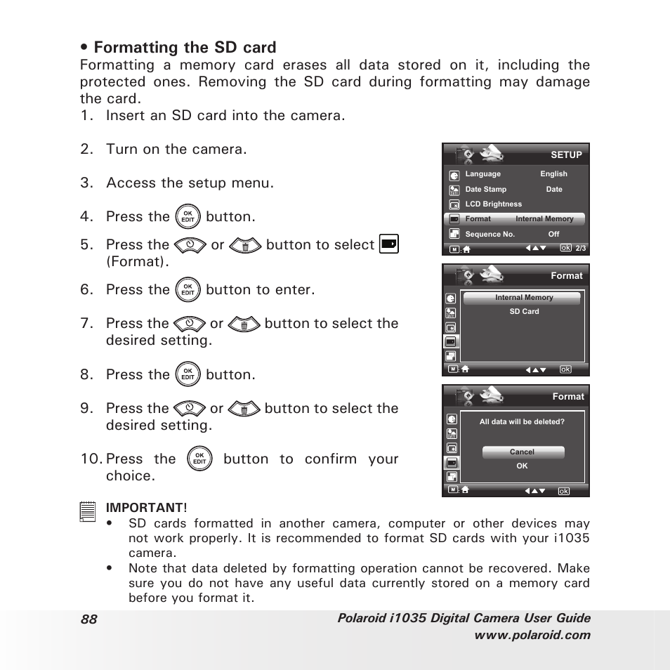 Formatting the sd card | Polaroid I1035 User Manual | Page 88 / 117