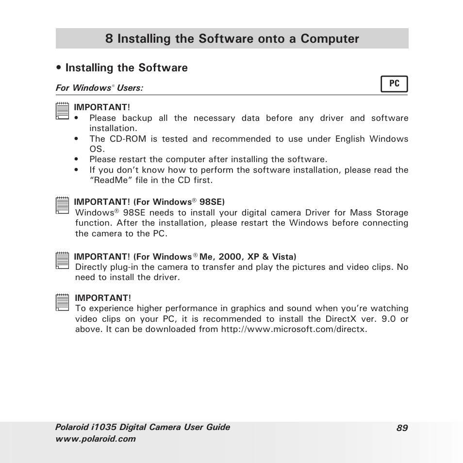8 installing the software onto a computer, Installing the software | Polaroid I1035 User Manual | Page 89 / 117