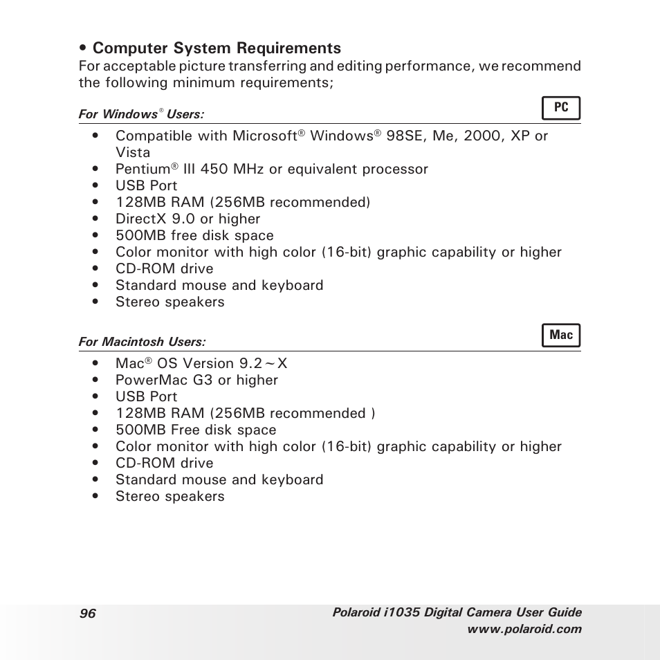 Computer system requirements | Polaroid I1035 User Manual | Page 96 / 117