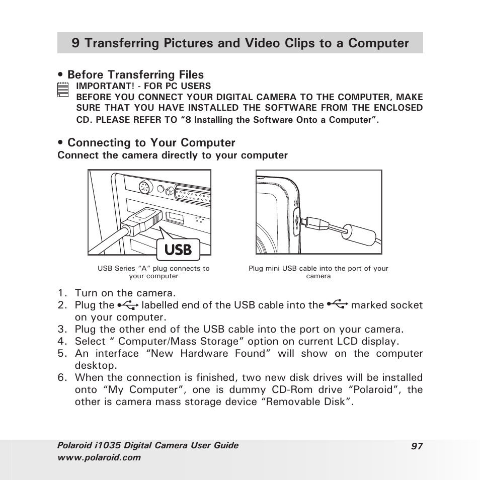 Before transferring files, Connecting to your computer | Polaroid I1035 User Manual | Page 97 / 117