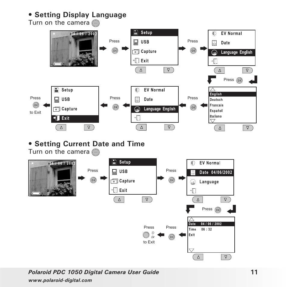 Setting display language, Setting current date and time, Turn on the camera | Polaroid PDC 1050 User Manual | Page 11 / 38