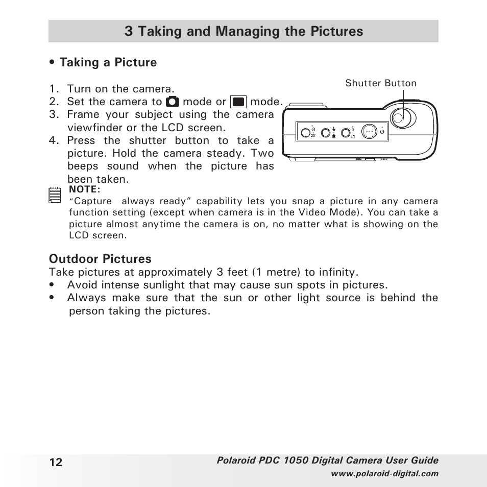 3 taking and managing the pictures, Taking a picture, Outdoor pictures | Polaroid PDC 1050 User Manual | Page 12 / 38