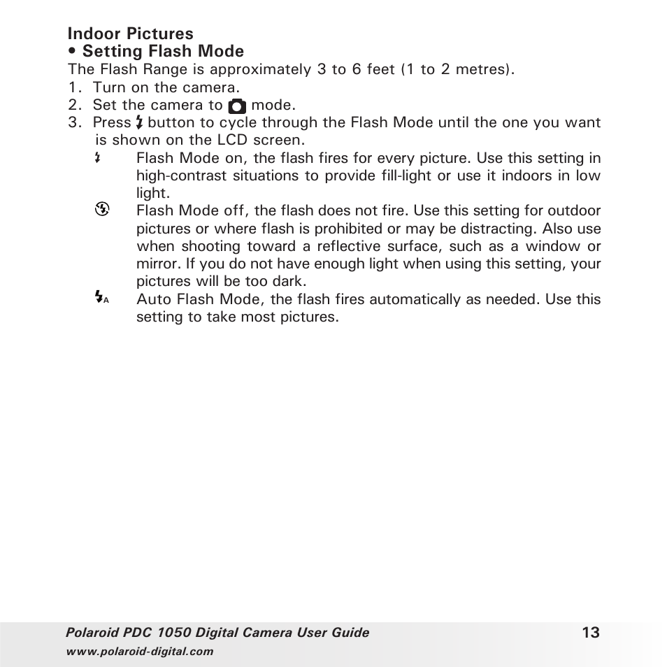 Indoor pictures • setting flash mode | Polaroid PDC 1050 User Manual | Page 13 / 38