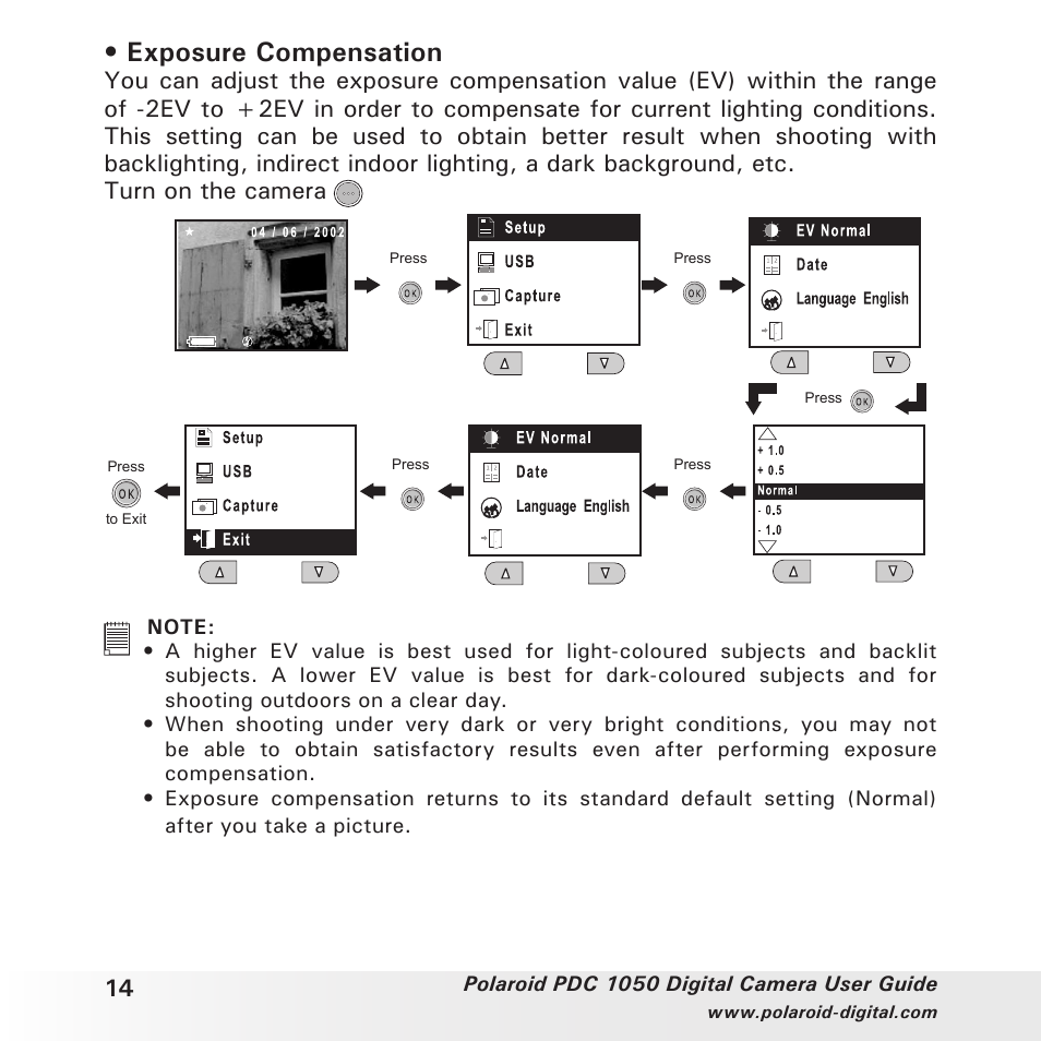 Exposure compensation | Polaroid PDC 1050 User Manual | Page 14 / 38