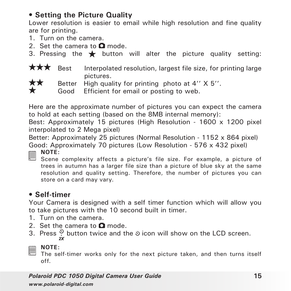 Setting the picture quality, Self-timer | Polaroid PDC 1050 User Manual | Page 15 / 38