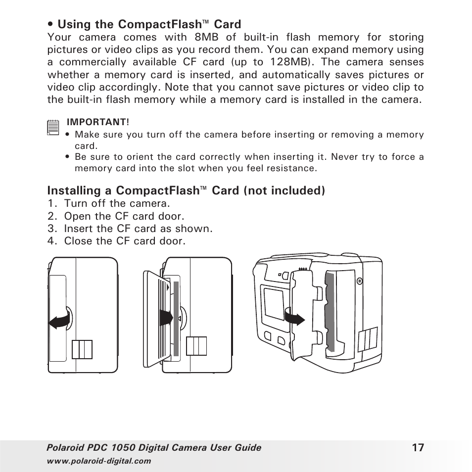 Using the compactflash™ card, Installing a compactflash™ card (not included) | Polaroid PDC 1050 User Manual | Page 17 / 38