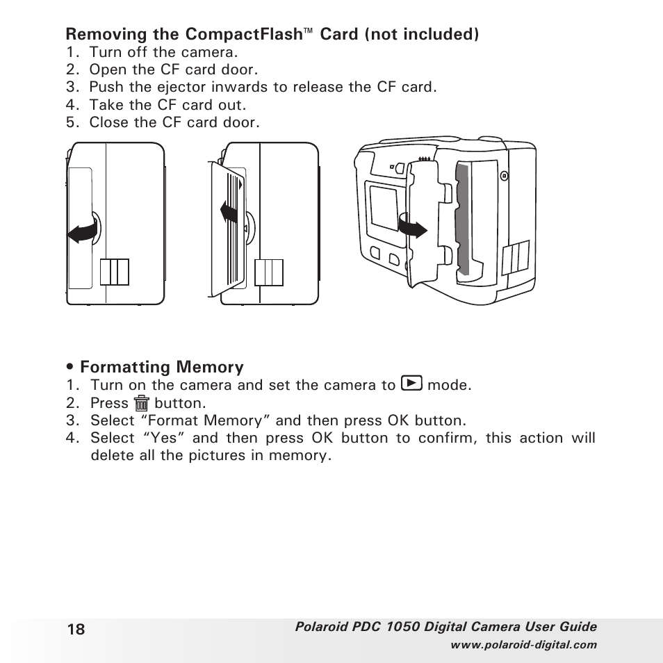 Removing the compactflash™ card (not included) | Polaroid PDC 1050 User Manual | Page 18 / 38