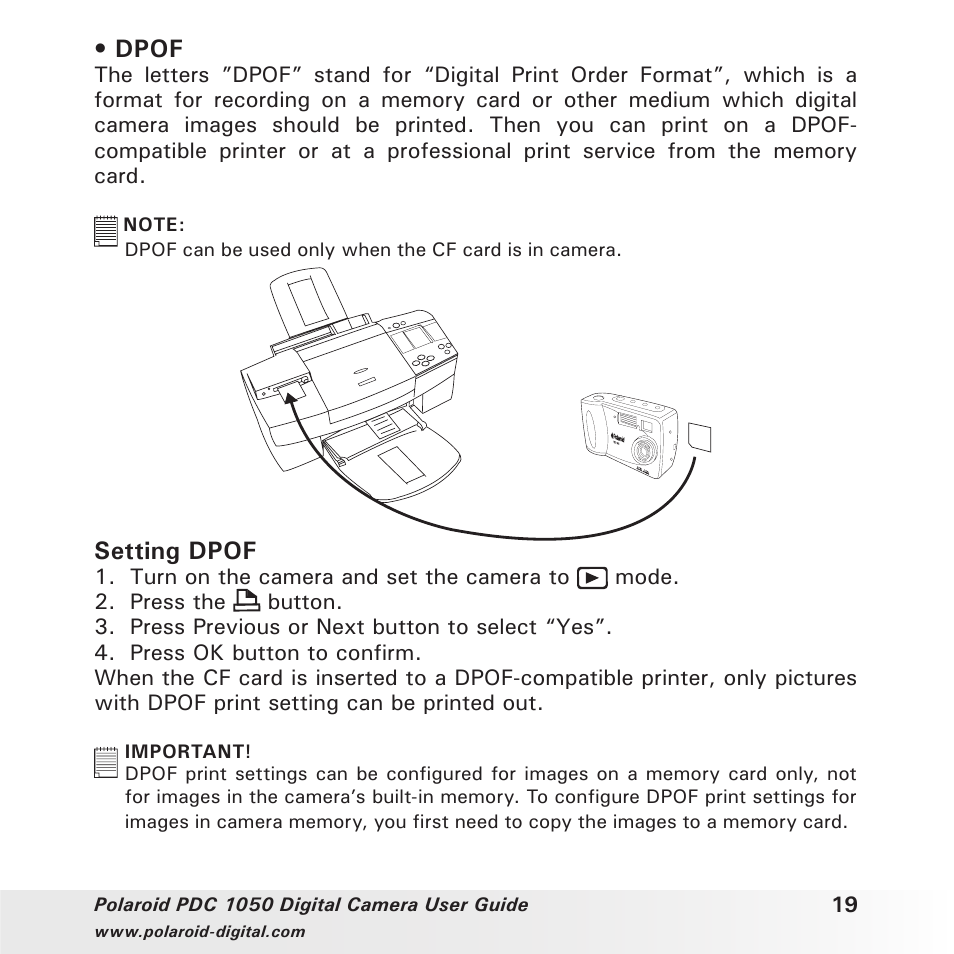 Dpof, Setting dpof | Polaroid PDC 1050 User Manual | Page 19 / 38