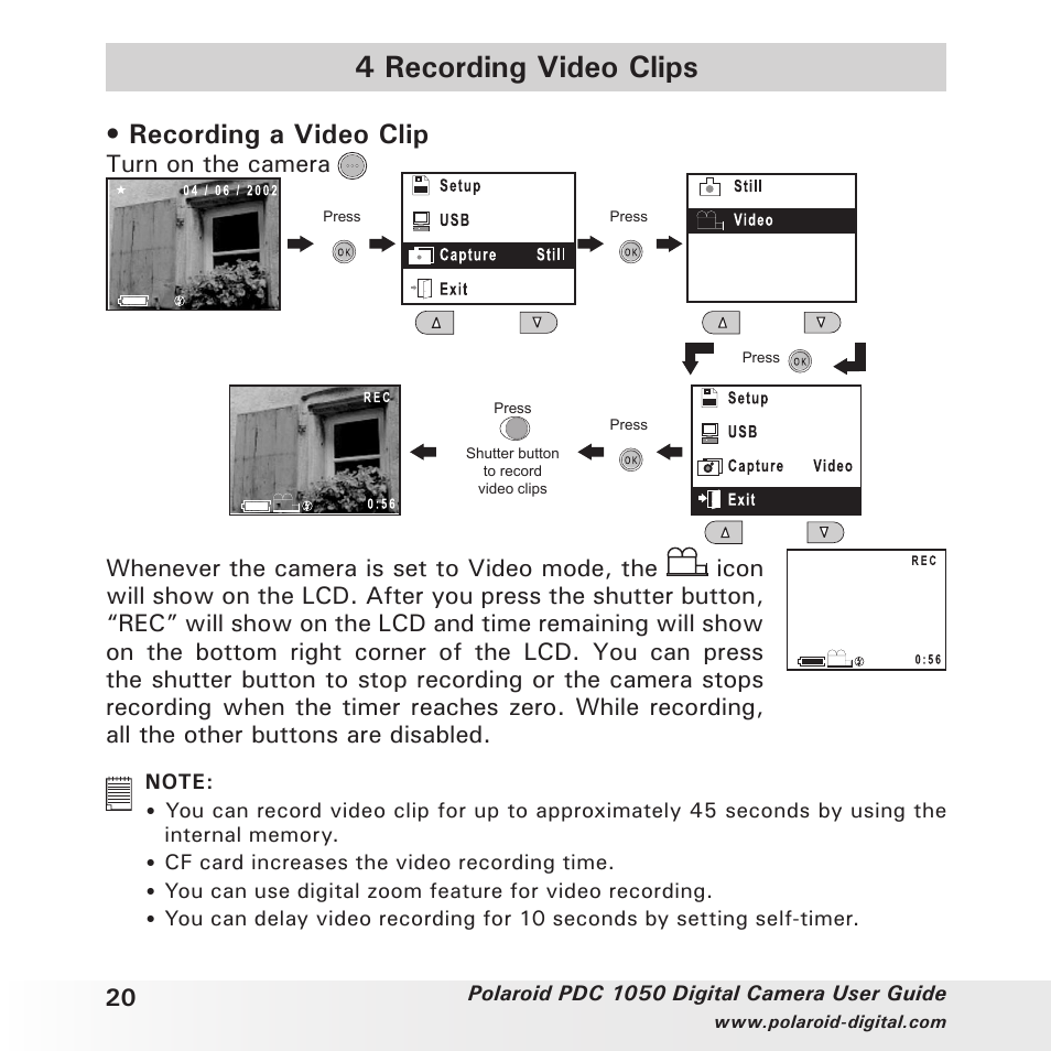 4 recording video clips, Recording a video clip, Turn on the camera | Polaroid PDC 1050 User Manual | Page 20 / 38