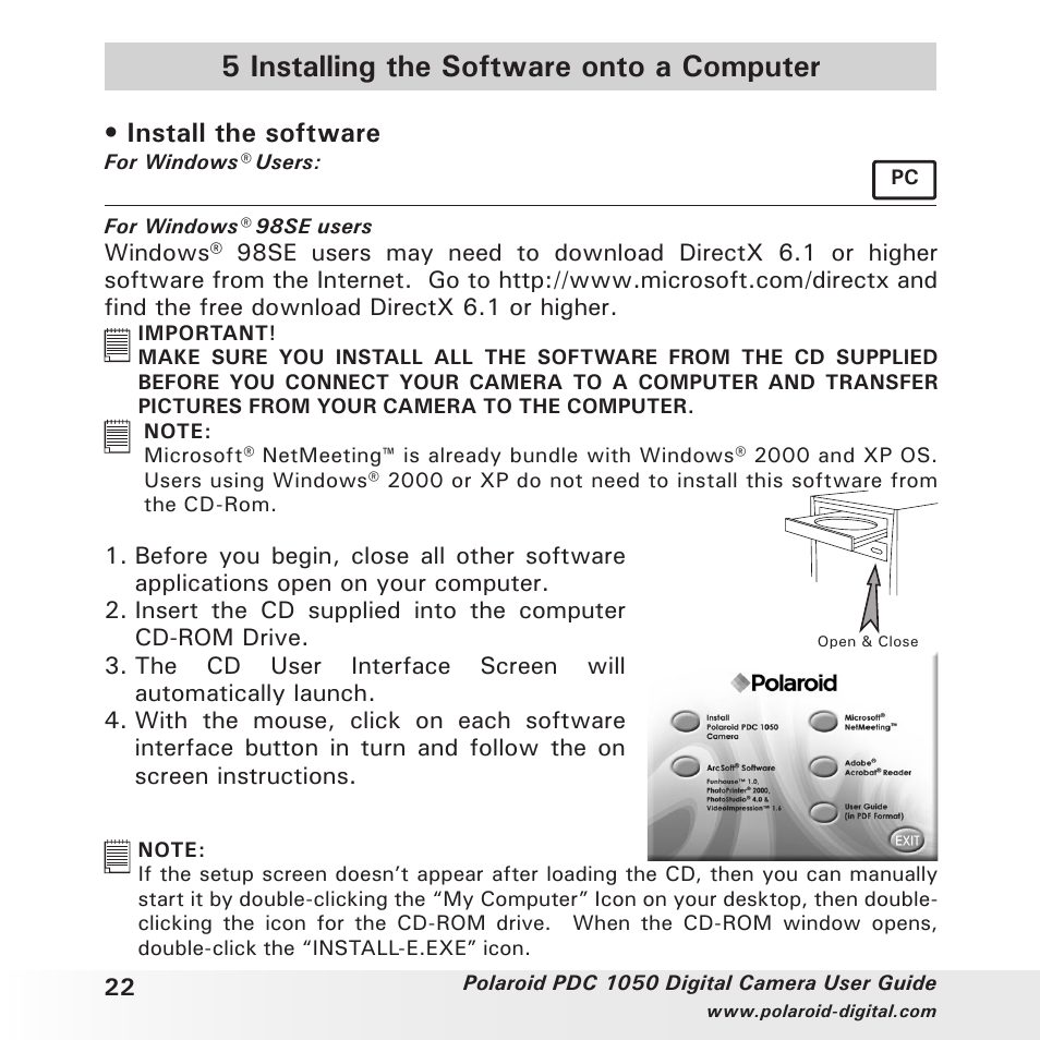 5 installing the software onto a computer, Install the software | Polaroid PDC 1050 User Manual | Page 22 / 38