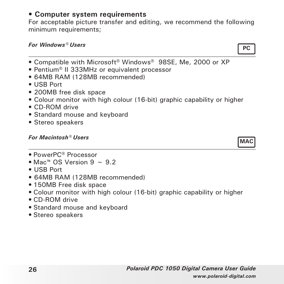 Computer system requirements | Polaroid PDC 1050 User Manual | Page 26 / 38
