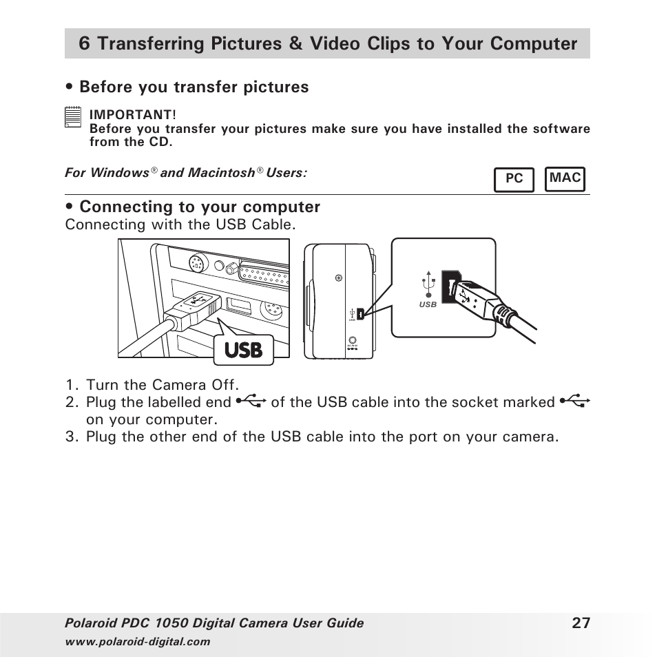 Before you transfer pictures, Connecting to your computer | Polaroid PDC 1050 User Manual | Page 27 / 38