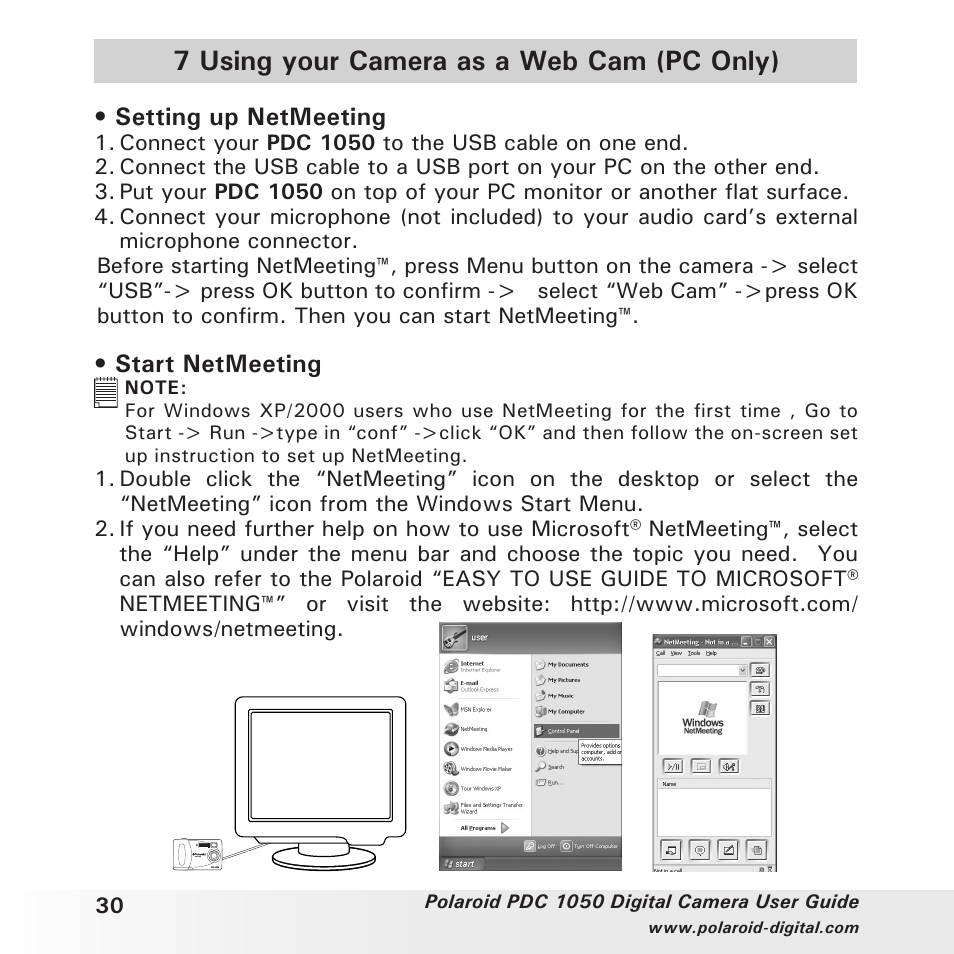 7 using your camera as a web cam (pc only), Setting up netmeeting, Start netmeeting | Polaroid PDC 1050 User Manual | Page 30 / 38