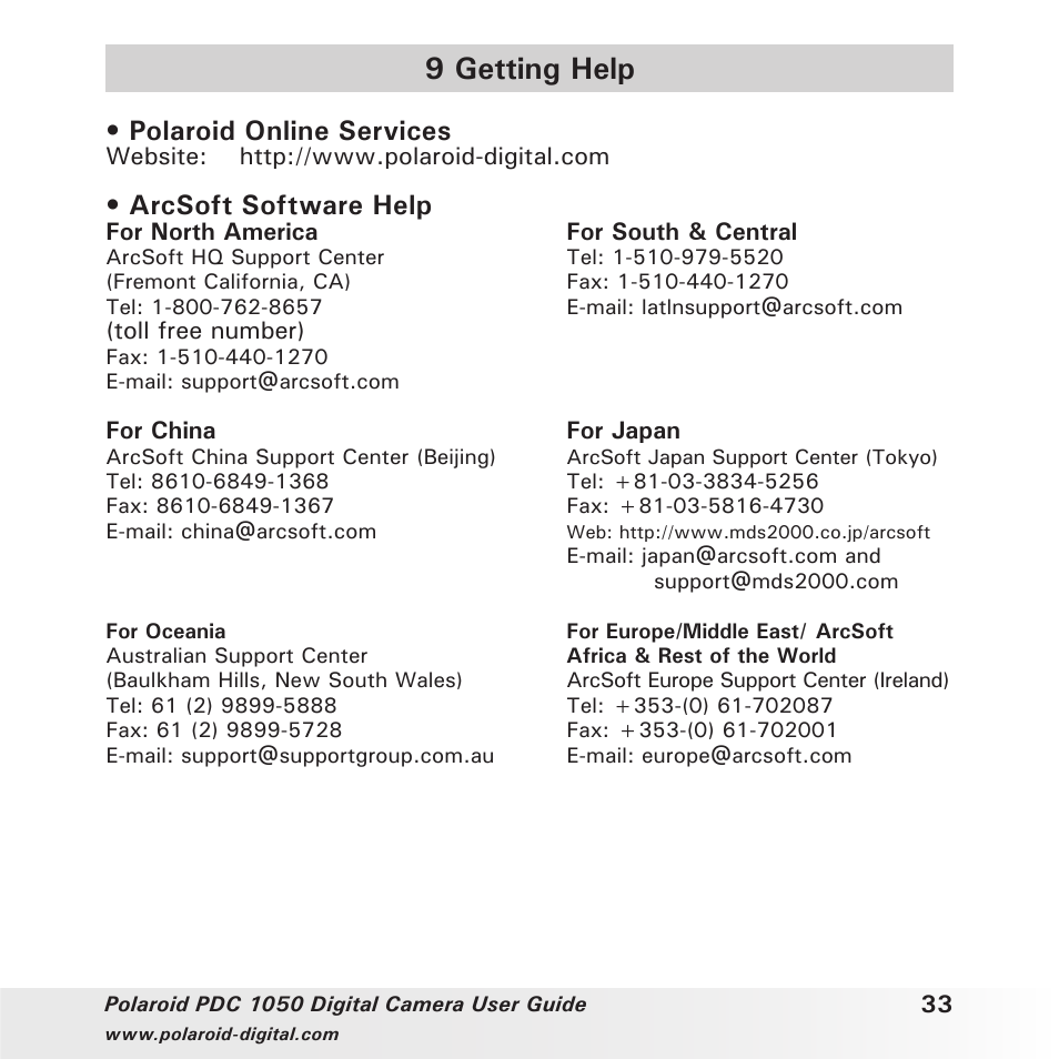 9 getting help, Polaroid online services, Arcsoft software help | Polaroid PDC 1050 User Manual | Page 33 / 38