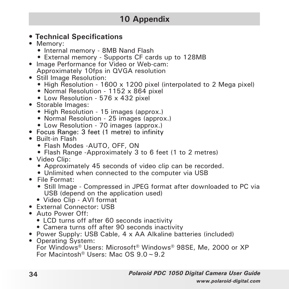 10 appendix | Polaroid PDC 1050 User Manual | Page 34 / 38