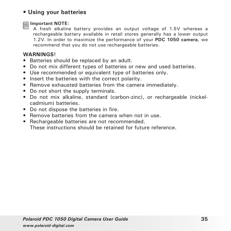 Using your batteries | Polaroid PDC 1050 User Manual | Page 35 / 38