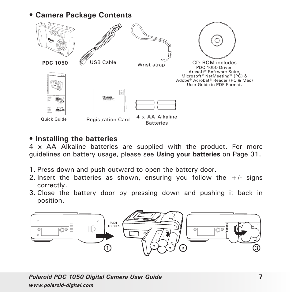 Camera package contents, Installing the batteries, Polaroid pdc 1050 digital camera user guide | Polaroid PDC 1050 User Manual | Page 7 / 38