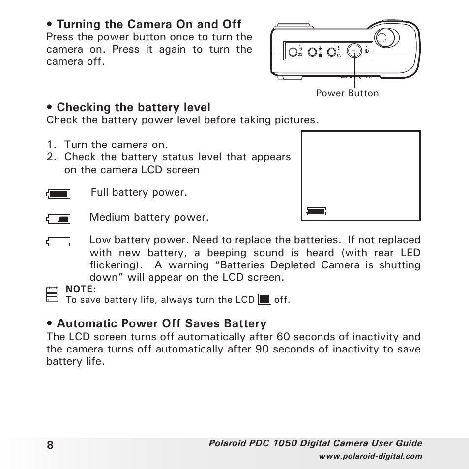 Turning the camera on and off, Checking the battery level, Automatic power off saves battery | Polaroid PDC 1050 User Manual | Page 8 / 38