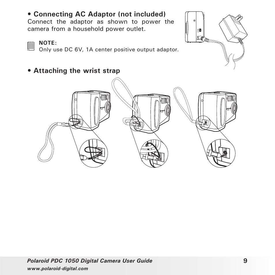 Connecting ac adaptor (not included), Attaching the wrist strap | Polaroid PDC 1050 User Manual | Page 9 / 38