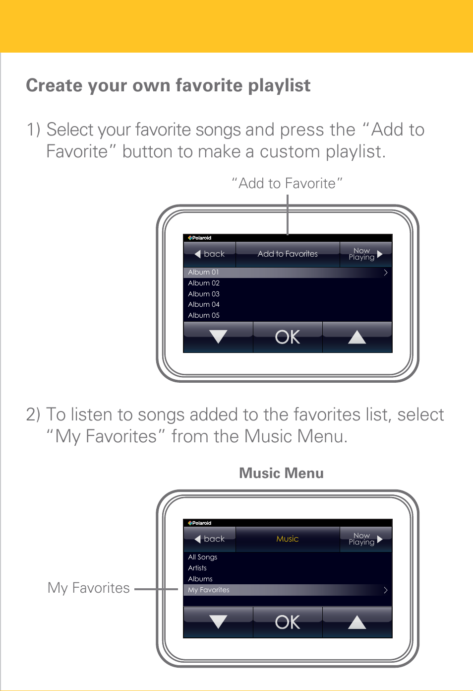 Music menu “add to favorite” my favorites | Polaroid PMP430-4 User Manual | Page 12 / 23