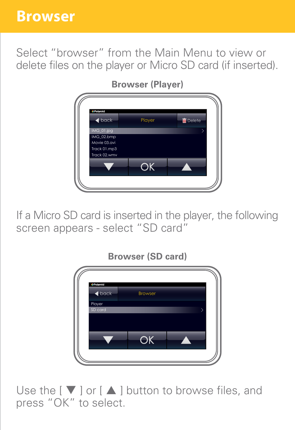 Browser, Browser (sd card), Browser (player) | Polaroid PMP430-4 User Manual | Page 18 / 23