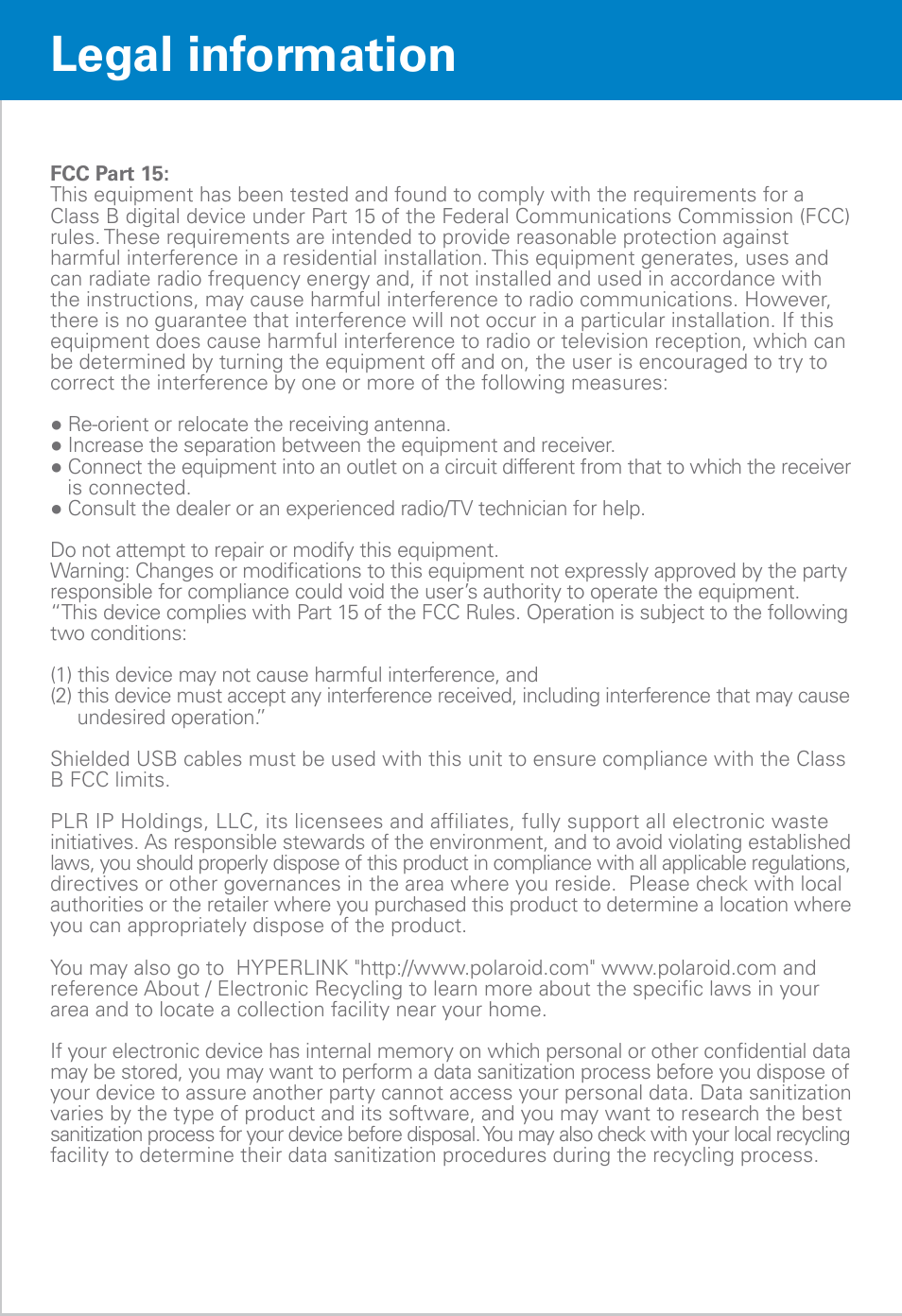 Legal information | Polaroid PMP430-4 User Manual | Page 21 / 23