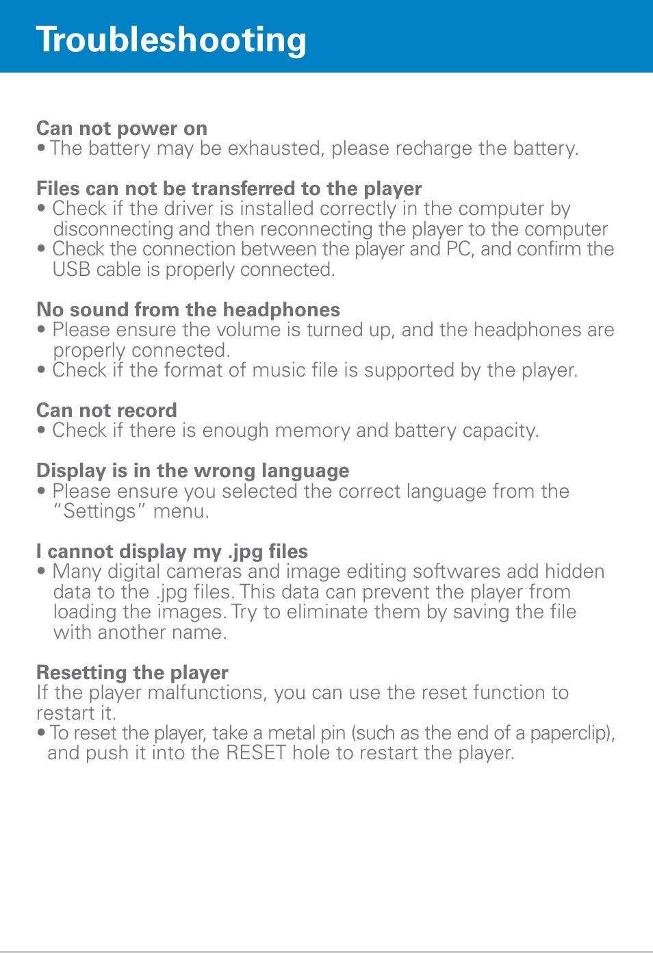 Troubleshooting | Polaroid PMP430-4 User Manual | Page 22 / 23