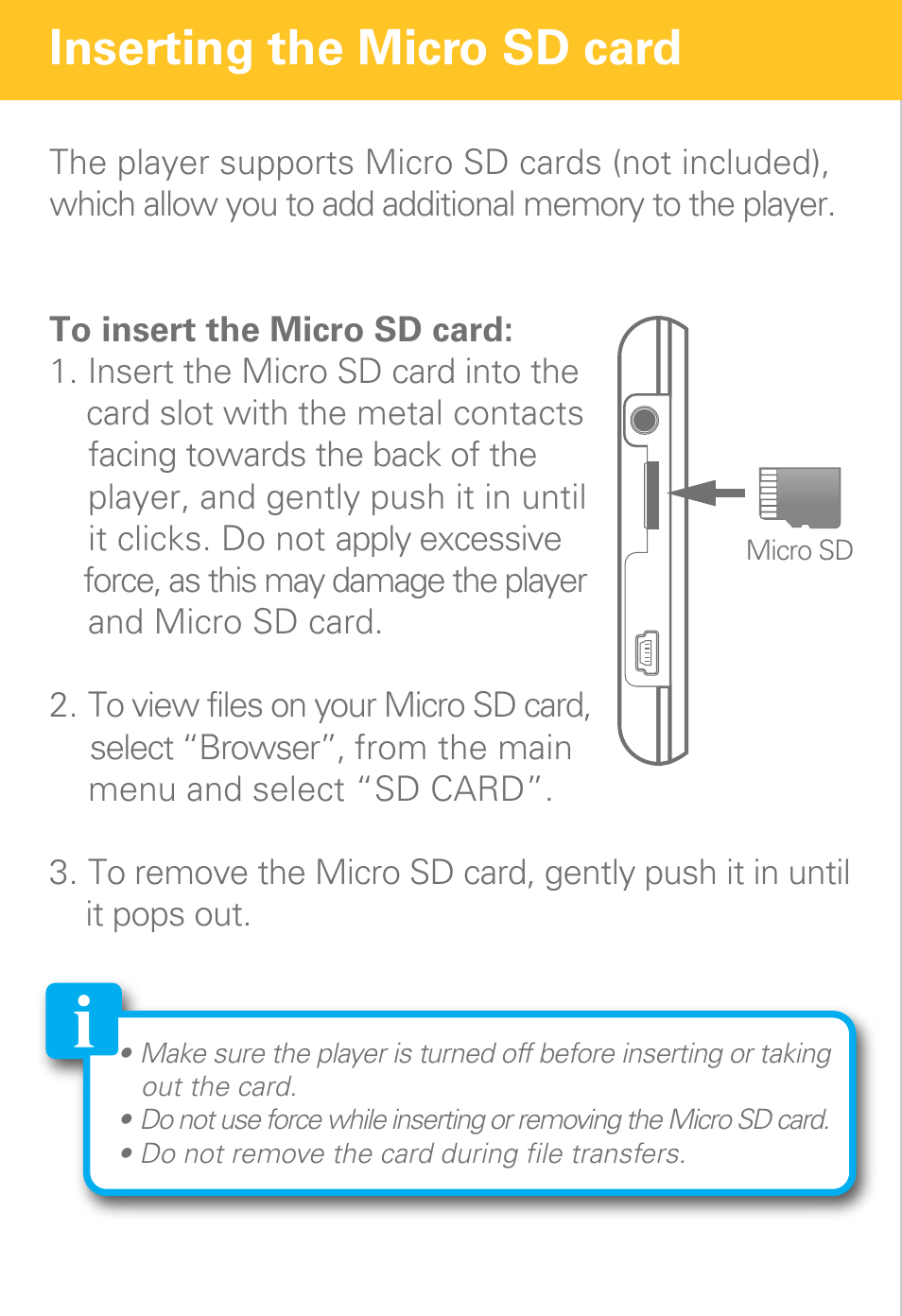 Inserting the micro sd card | Polaroid PMP430-4 User Manual | Page 5 / 23