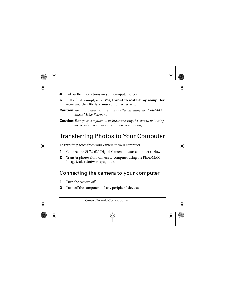 Transferring photos to your computer, Connecting the camera to your computer | Polaroid FUN 620 User Manual | Page 12 / 25