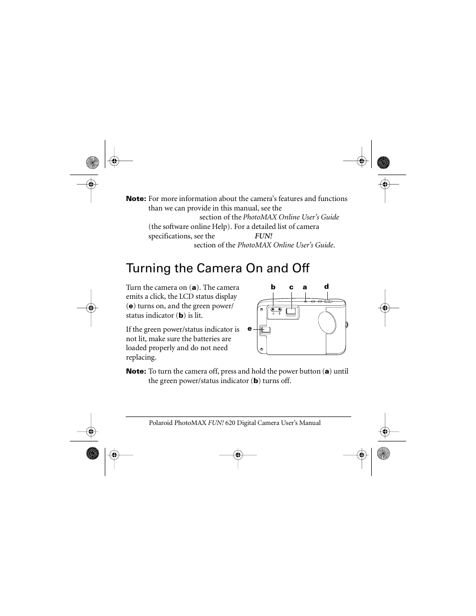 Turning the camera on and off | Polaroid FUN 620 User Manual | Page 5 / 25