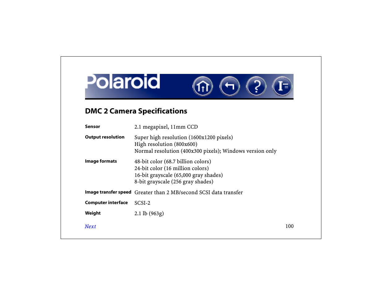 Dmc 2 camera specifications, Copyright and trademark notices | Polaroid DCM 2 Online User Manual | Page 101 / 153