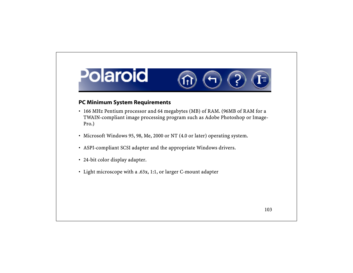 Pc minimum system requirements | Polaroid DCM 2 Online User Manual | Page 104 / 153