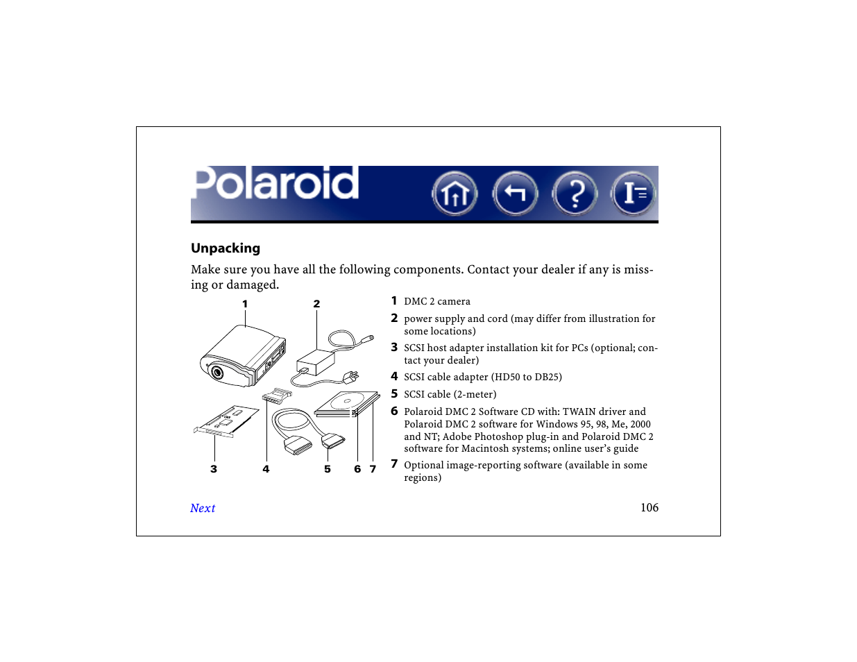 Unpacking, Unpack | Polaroid DCM 2 Online User Manual | Page 107 / 153