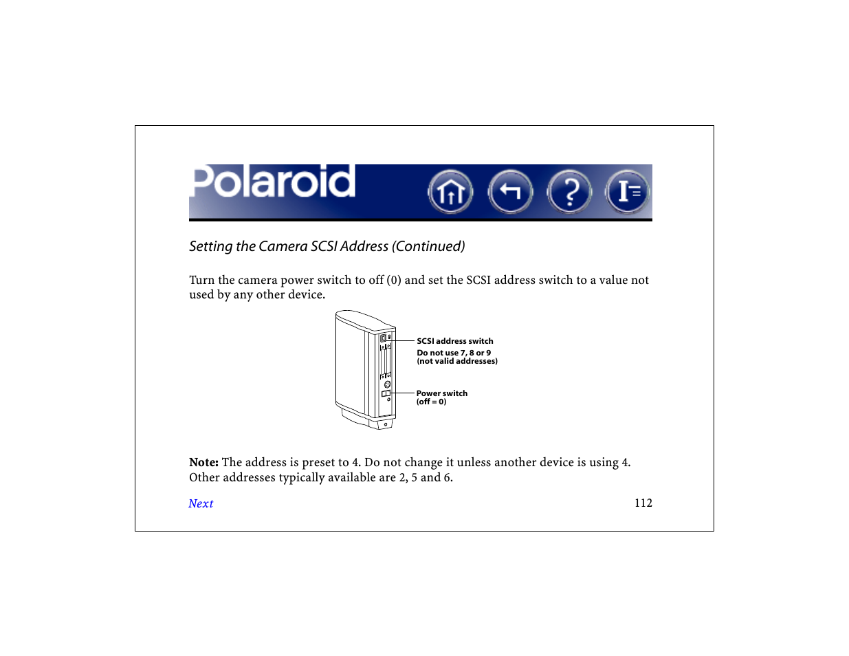 Setting the camera scsi address (continued) | Polaroid DCM 2 Online User Manual | Page 113 / 153