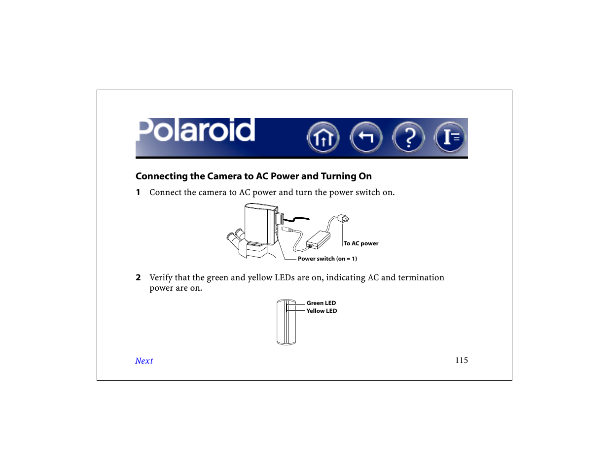Connecting the camera to ac power and turning on, Connect the camera to ac power and turn on | Polaroid DCM 2 Online User Manual | Page 116 / 153