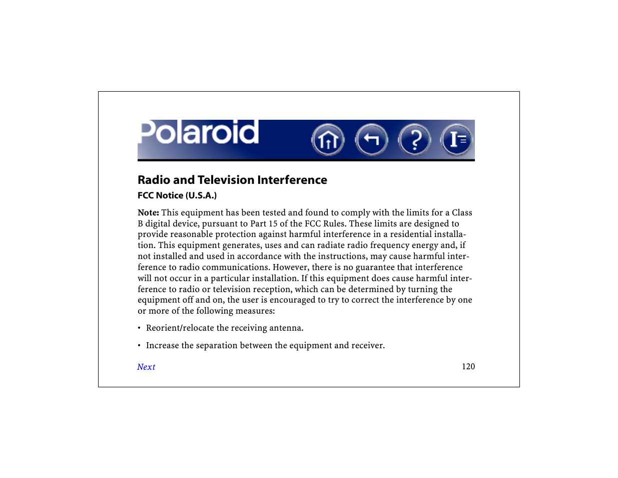 Radio and television interference | Polaroid DCM 2 Online User Manual | Page 121 / 153