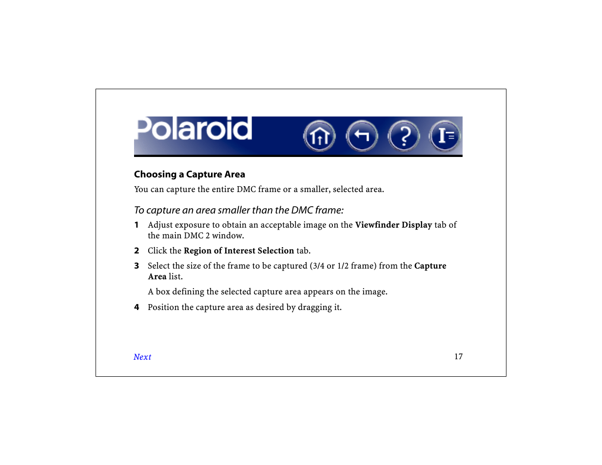 Choosing a capture area, Choose a capture area | Polaroid DCM 2 Online User Manual | Page 18 / 153