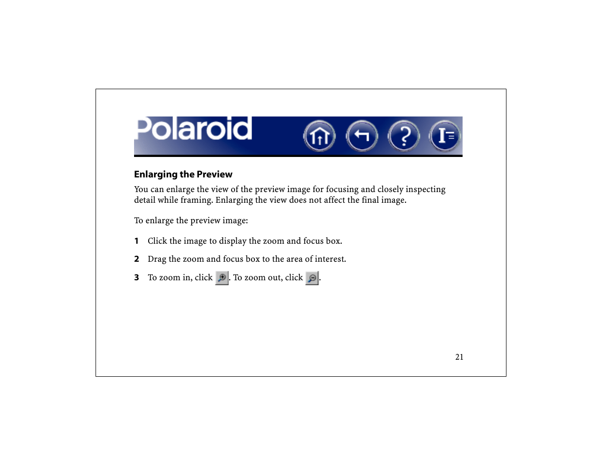 Enlarging the preview, Zoom the preview | Polaroid DCM 2 Online User Manual | Page 22 / 153