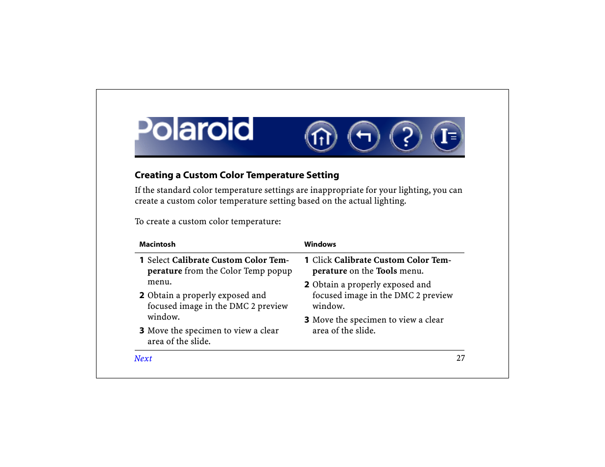 Creating a custom color temperature setting | Polaroid DCM 2 Online User Manual | Page 28 / 153