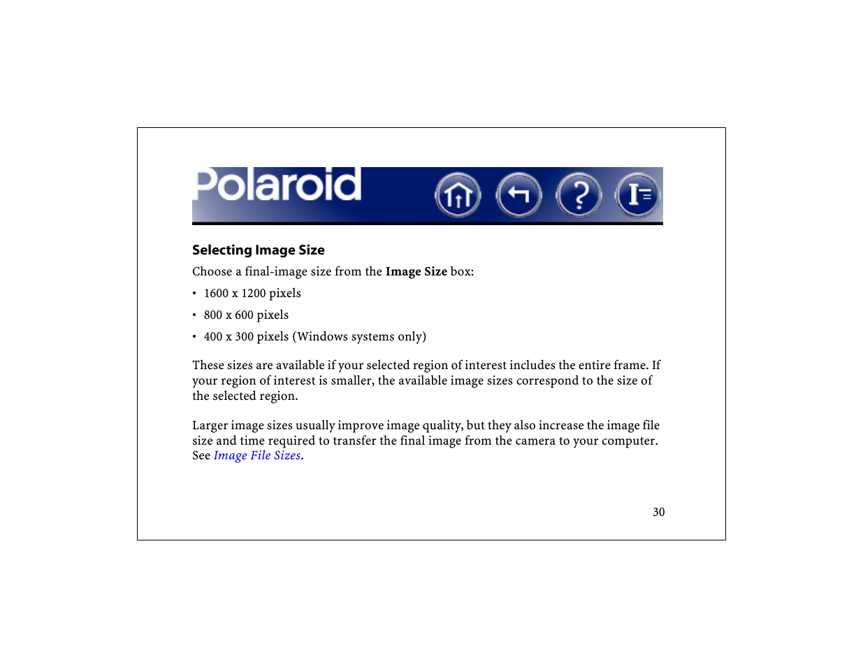 Selecting image size, Select image size | Polaroid DCM 2 Online User Manual | Page 31 / 153