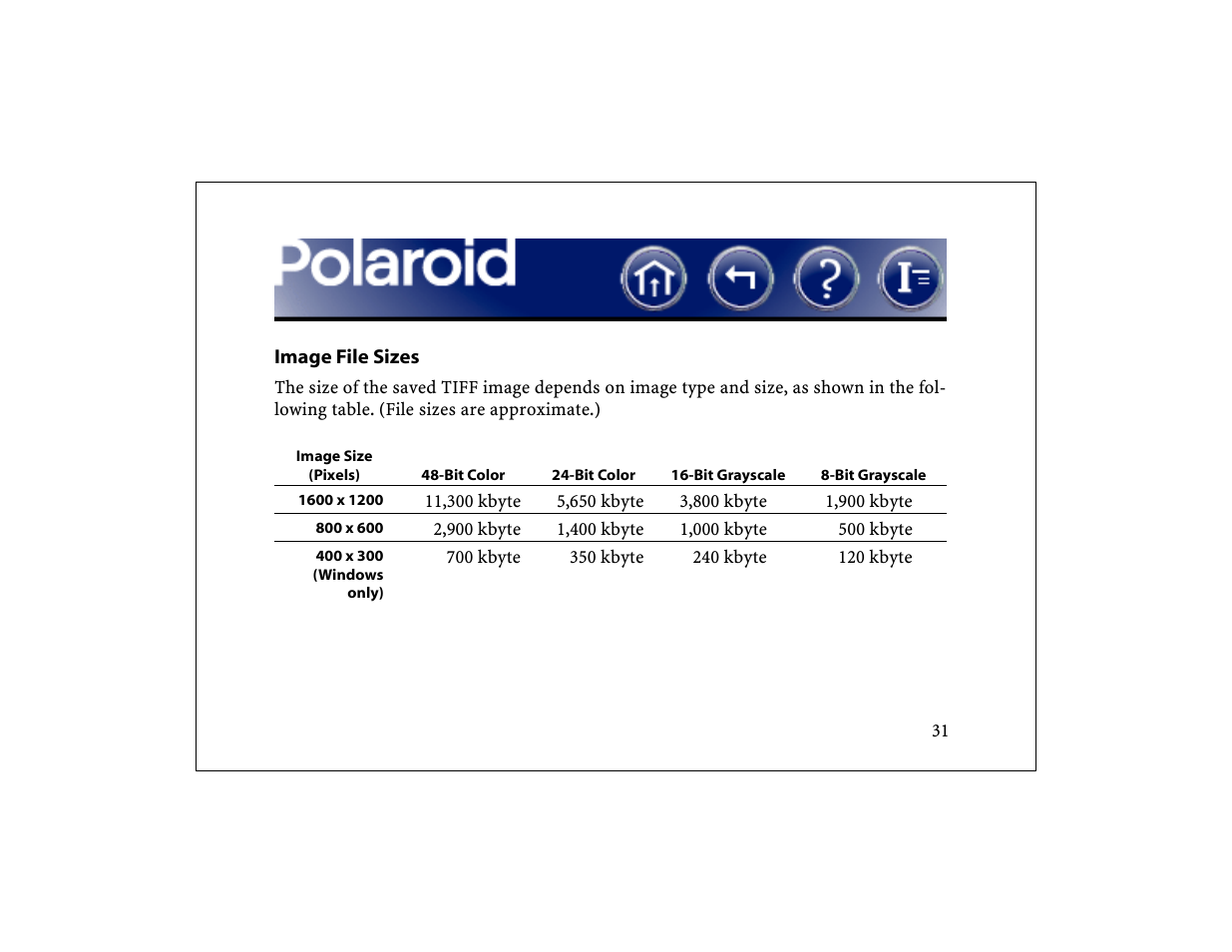 Image file sizes | Polaroid DCM 2 Online User Manual | Page 32 / 153