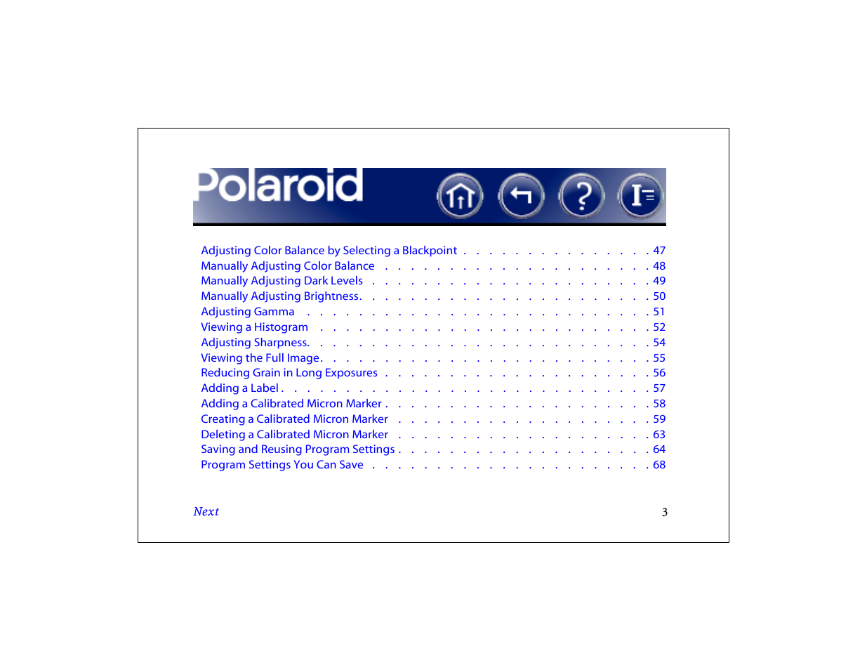 Next | Polaroid DCM 2 Online User Manual | Page 4 / 153