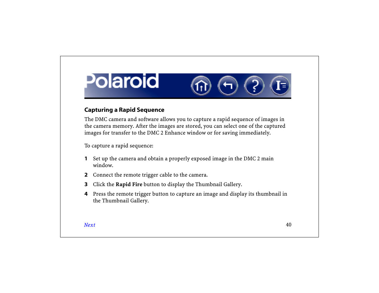 Capturing a rapid sequence | Polaroid DCM 2 Online User Manual | Page 41 / 153