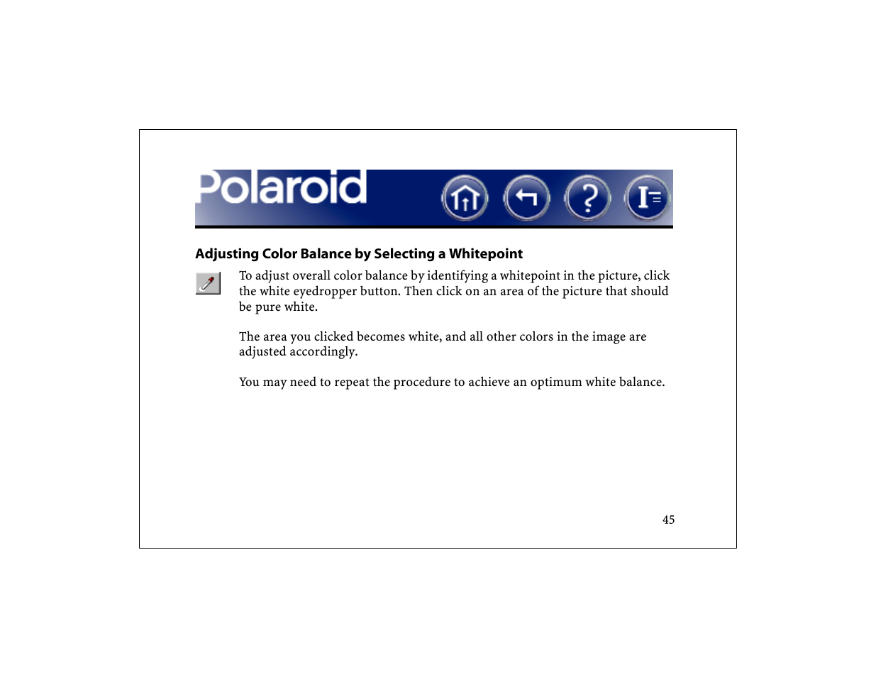 Adjusting color balance by selecting a whitepoint, Adjust color balance by selecting a point, That should be white | Polaroid DCM 2 Online User Manual | Page 46 / 153