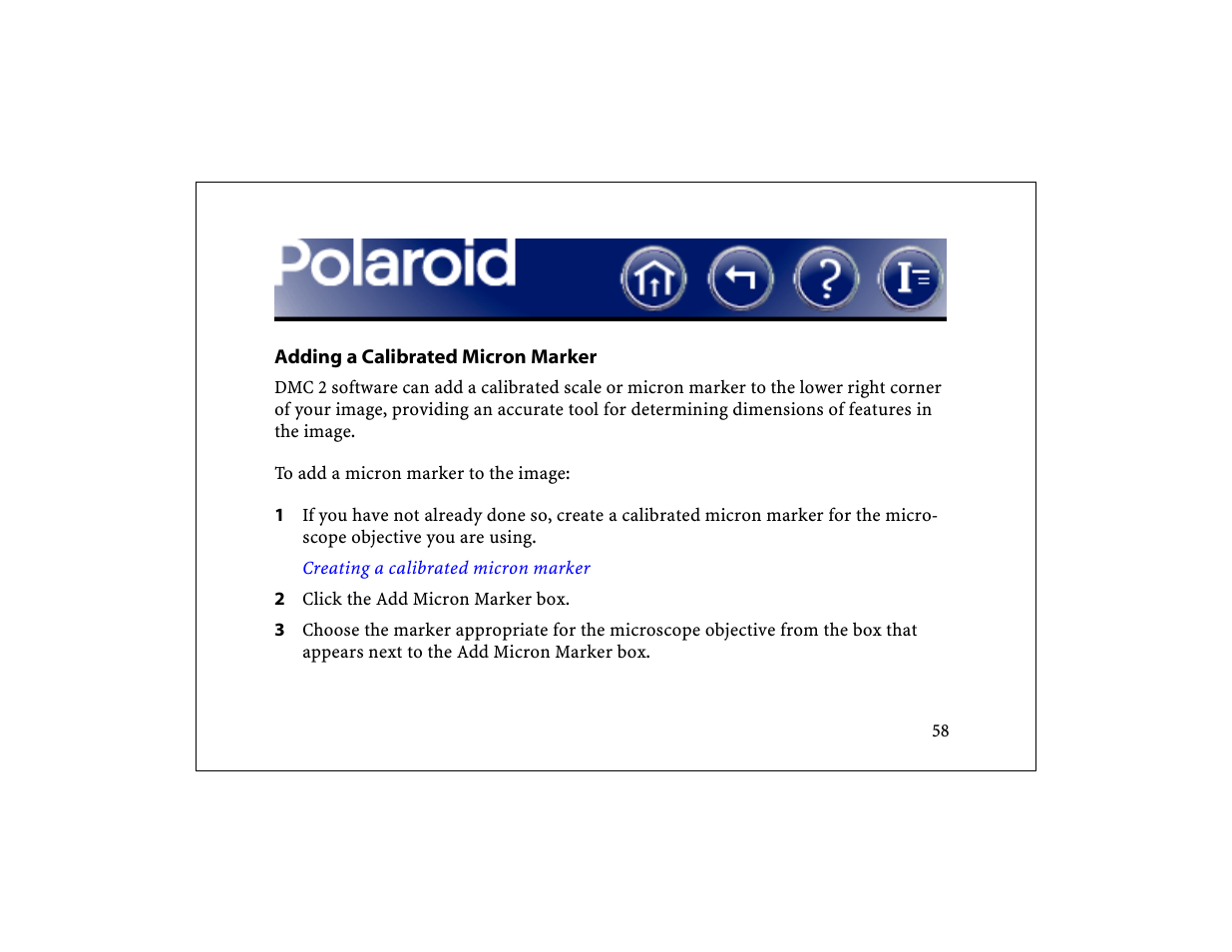 Adding a calibrated micron marker, Add a calibrated micron marker | Polaroid DCM 2 Online User Manual | Page 59 / 153